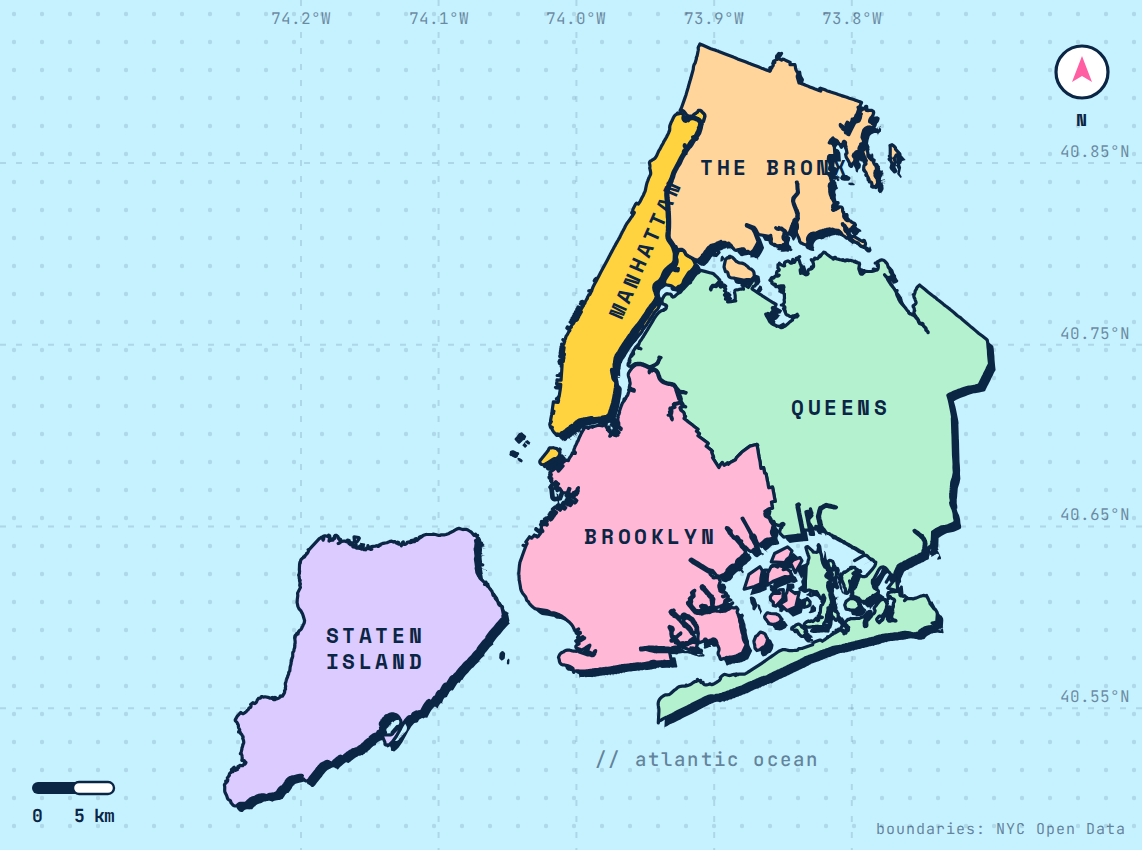 Map of New York City with a pin on downtown Manhattan